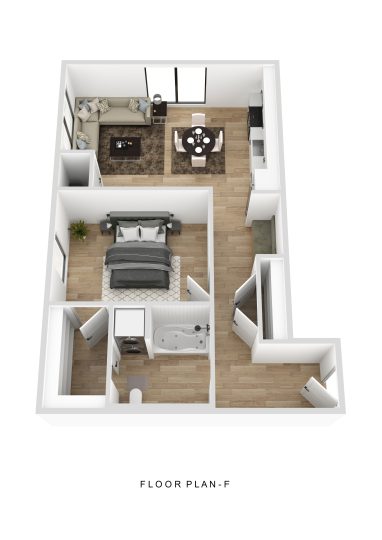 3d rendered floor plan of the northwest one bedroom apartment at Fuller Park Flats